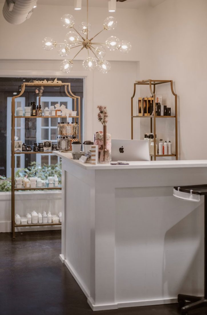 Brass fixtures and mirrors at the shop counter